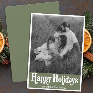 Trendy Retro Typography Green Photo Happy Holiday Card