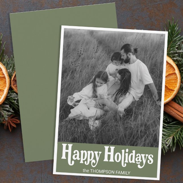 Trendy Retro Typography Green Photo Happy Holiday Card (Creator Uploaded)