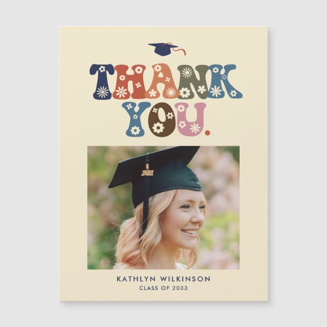 Trendy Retro Typography Photo Graduation Thank You (Front)