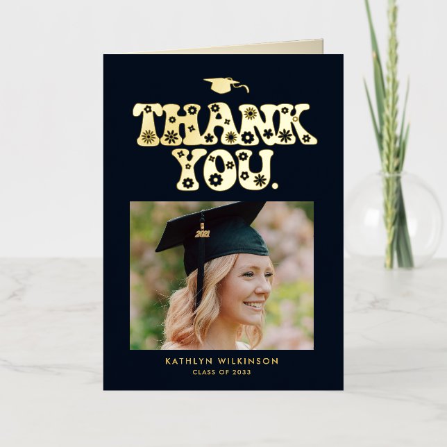 Trendy Retro Typography Photo Graduation Thank You Foil Greeting Card (Front)