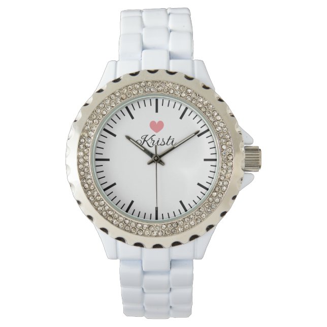 Trendy rhinestone white enamel women's watch (Front)