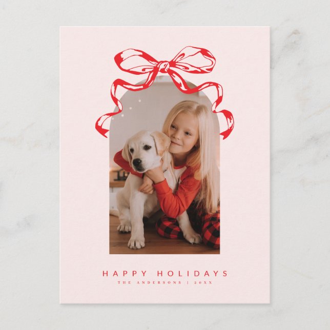 Trendy ribbon bow arched photo Holiday/Christmas  Holiday Postcard (Front)
