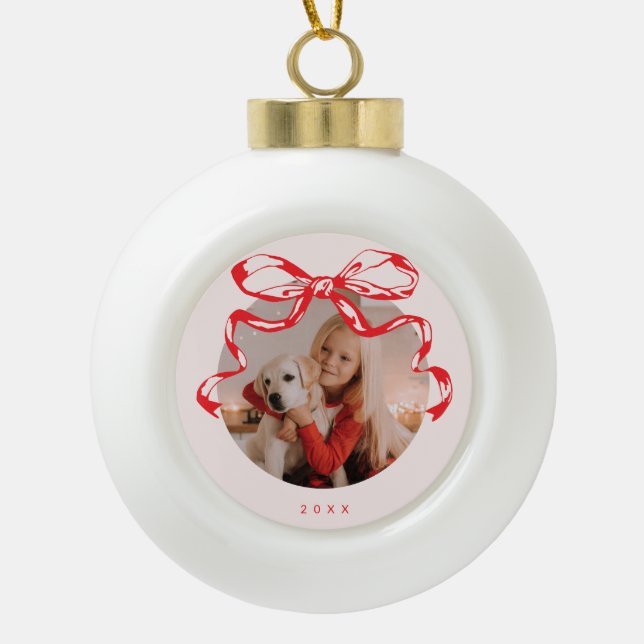 Trendy ribbon bow photo Holiday/Christmas  Ceramic Ball Christmas Ornament (Front)