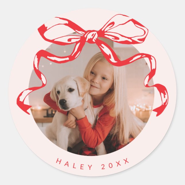 Trendy ribbon bow photo Holiday/Christmas  Classic Round Sticker (Front)