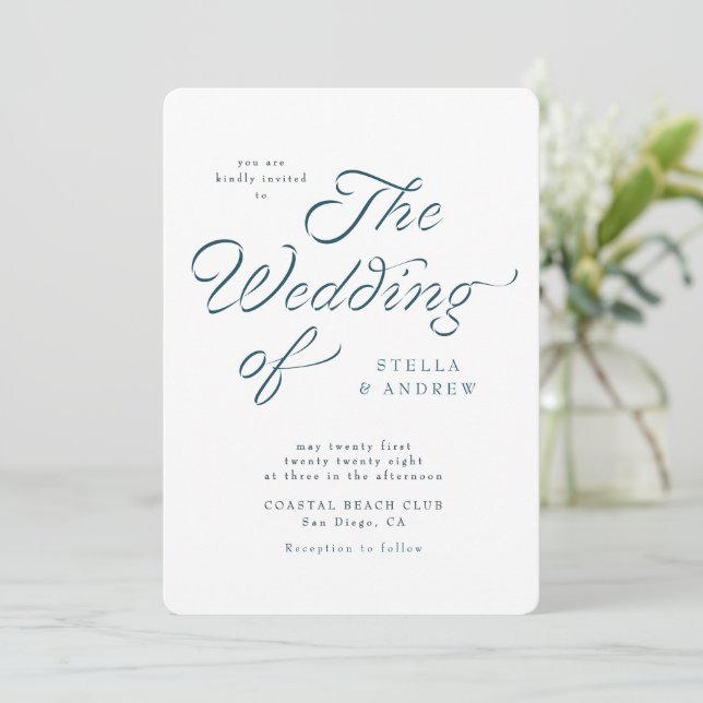 Trendy Ribbon Elegant Script Wedding Invitation (Standing Front)