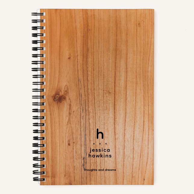 Trendy Rich Wood Veneer Modern Rounded Monogram Notebook (Front)