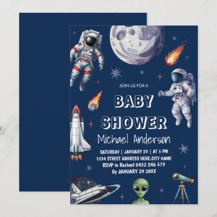 Trendy Rocket Ship Space Galaxy Alien Baby Shower Invitation