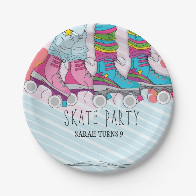 Trendy Roller Skate Girls Birthday Party  Paper Plate (Front)