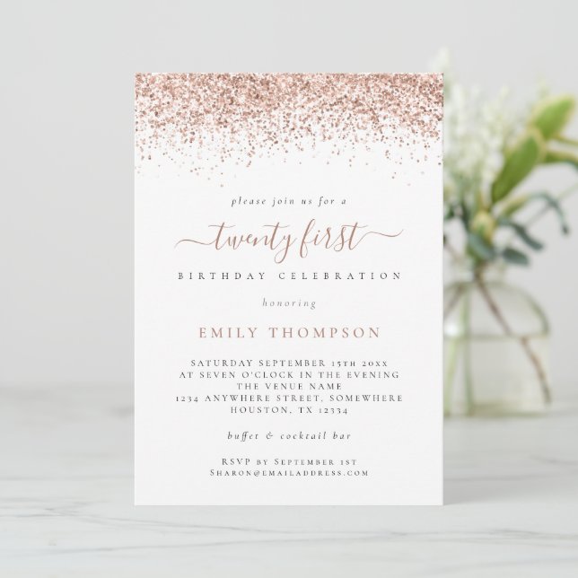 Trendy Rose Glitter Script 21st Birthday Party Invitation (Standing Front)