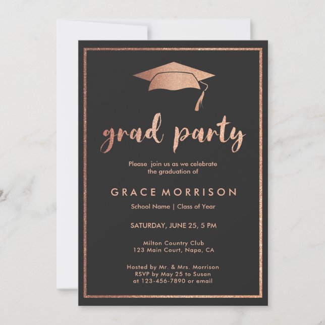 Trendy Rose Gold Black Graduation Party Invitation (Front)
