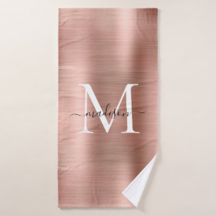 Trendy Rose Gold Brushed Metal Monogram Script Bath Towel
