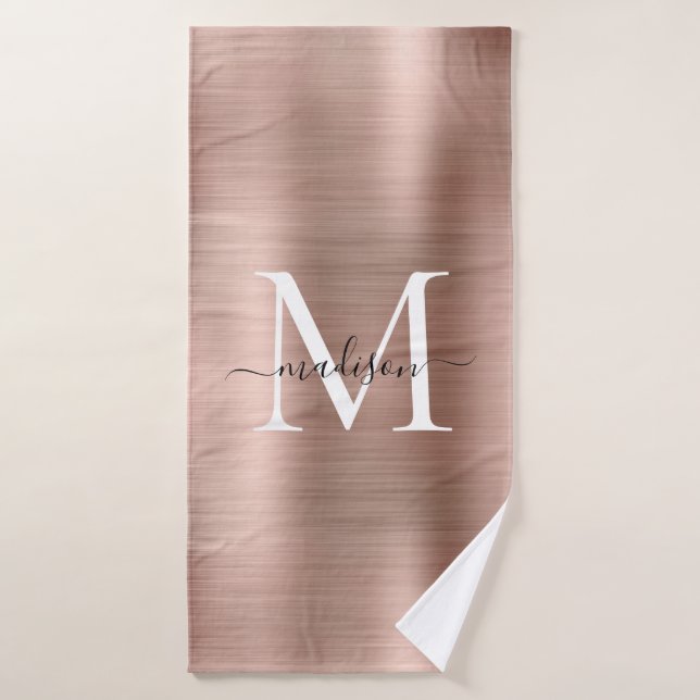 Trendy Rose Gold Brushed Metal Monogram Script Bath Towel (Bath Towel)