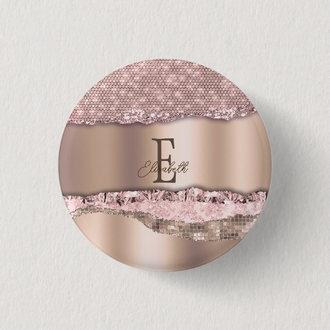 Trendy Rose Gold Diamonds Glitter Monogram 3 Cm Round Badge (Front)