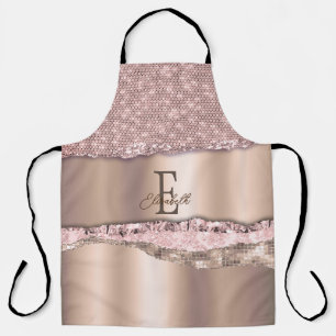 Trendy Rose Gold Diamonds Glitter Monogram Apron