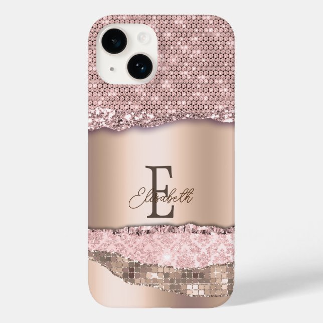 Trendy Rose Gold Diamonds Glitter Monogram Case-Mate iPhone Case (Back)