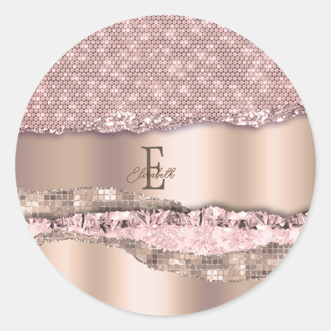 Trendy Rose Gold Diamonds Glitter Monogram Classic Round Sticker (Front)