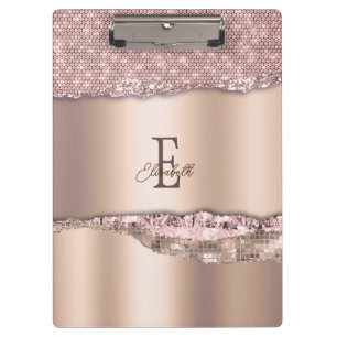 Trendy Rose Gold Diamonds Glitter Monogram Clipboard