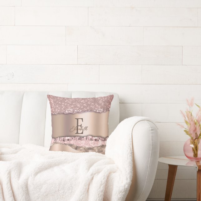 Trendy Rose Gold Diamonds Glitter Monogram Cushion (Couch)