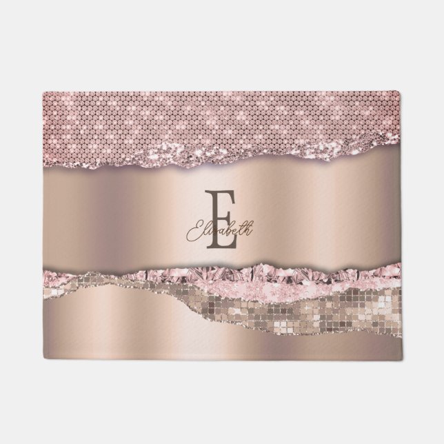 Trendy Rose Gold Diamonds Glitter Monogram Doormat (Front)