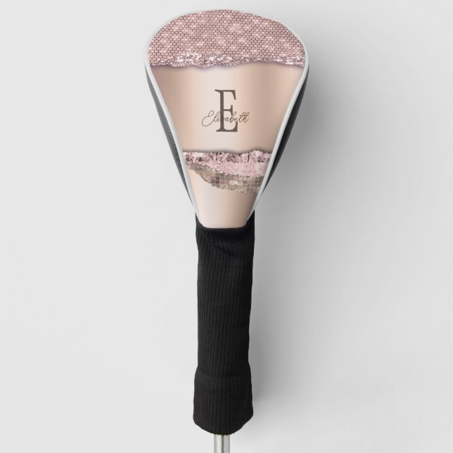 Trendy Rose Gold Diamonds Glitter Monogram Golf Head Cover (Front)
