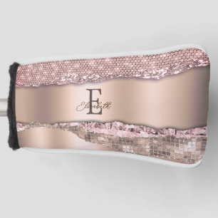 Trendy Rose Gold Diamonds Glitter Monogram Golf Head Cover