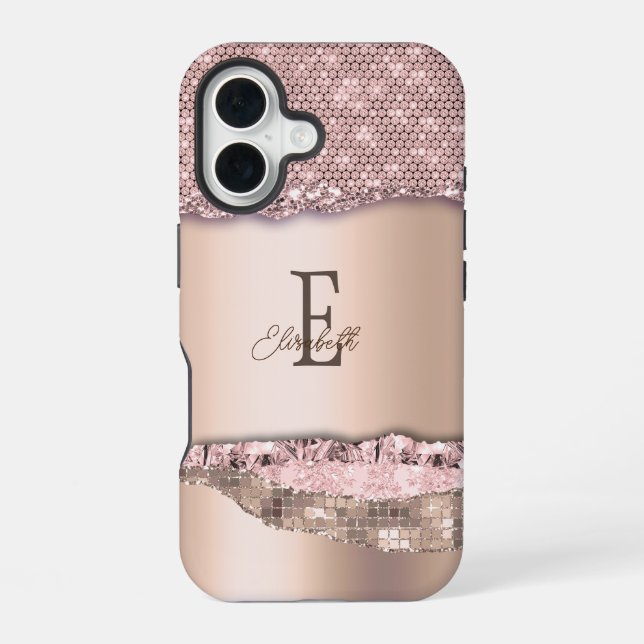 Trendy Rose Gold Diamonds Glitter Monogram iPhone 16 Case (Back)