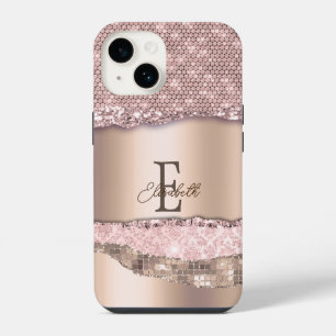 Trendy Rose Gold Diamonds Glitter Monogram iPhone 14 Case