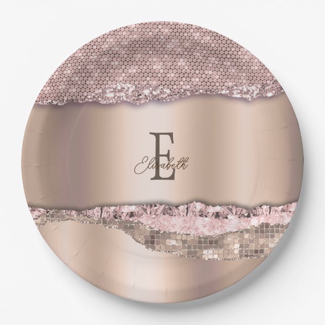 Trendy Rose Gold Diamonds Glitter Monogram Paper Plate (Front)