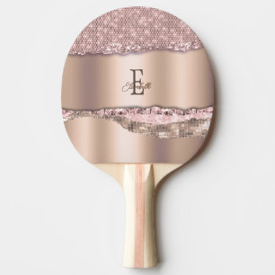 Trendy Rose Gold Diamonds Glitter Monogram Ping Pong Paddle
