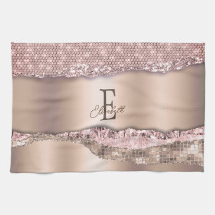 Trendy Rose Gold Diamonds Glitter Monogram Tea Towel