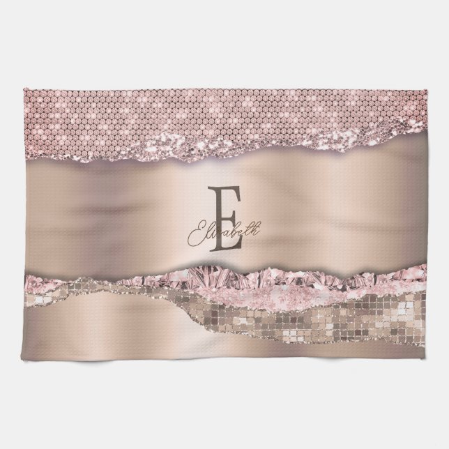 Trendy Rose Gold Diamonds Glitter Monogram Tea Towel (Horizontal)