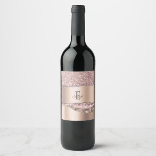 Trendy Rose Gold Diamonds Glitter Monogram Wine Label