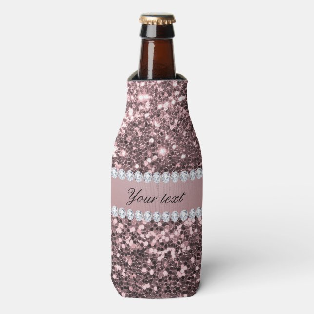 Trendy Rose Gold Faux Glitter and Diamonds Bottle Cooler (Bottle Front)