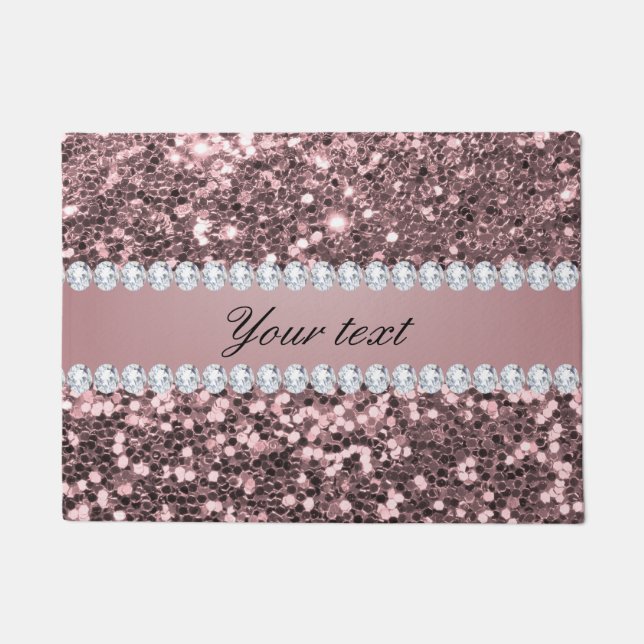 Trendy Rose Gold Faux Glitter and Diamonds Doormat (Front)