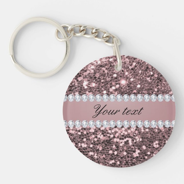 Trendy Rose Gold Faux Glitter and Diamonds Key Ring (Front)