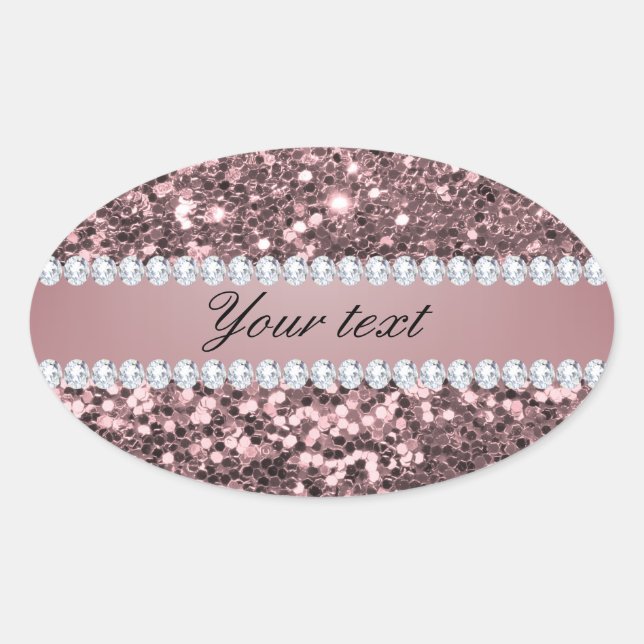 Trendy Rose Gold Faux Glitter and Diamonds Oval Sticker (Front)