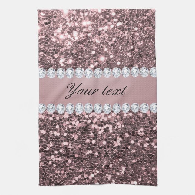 Trendy Rose Gold Faux Glitter and Diamonds Tea Towel (Vertical)