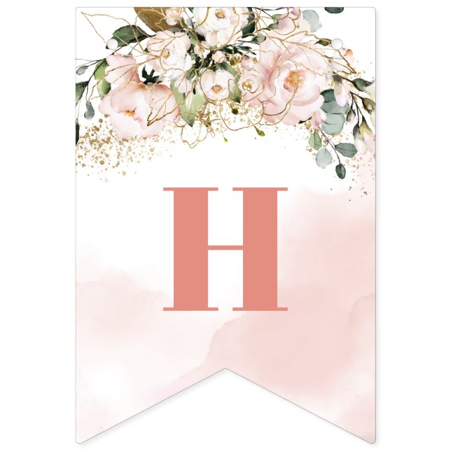 Trendy rose gold floral gold 16th Birthday Party  Bunting (First Flag)