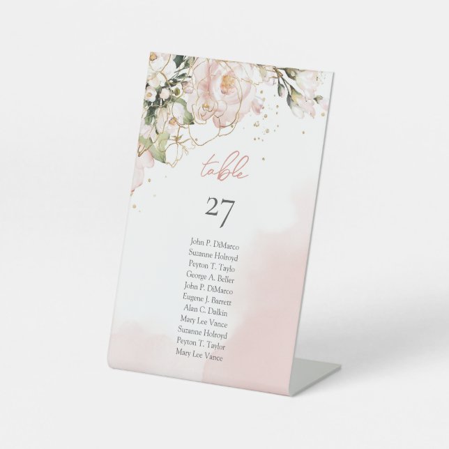 Trendy rose gold floral gold sparkles eucalyptus pedestal sign (Front)