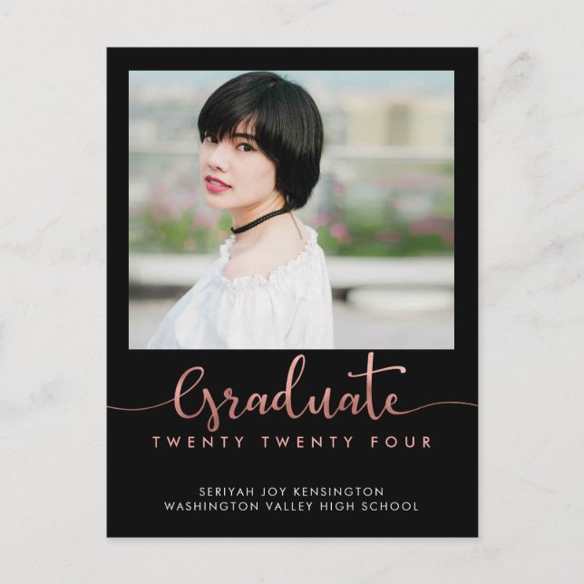 Trendy Rose Gold Foil Graduation Script Photo Announcement Postcard (Front)