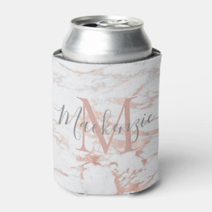 Trendy Rose Gold Foil Marble Monogram Can Cooler