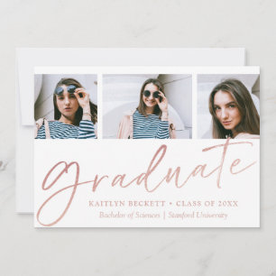Trendy Rose Gold Foil Script 3 Photo Graduation Announcement