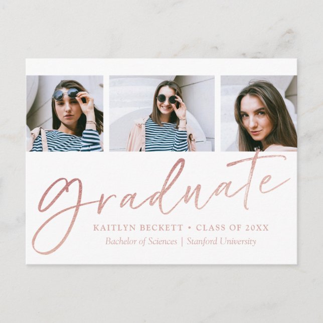 Trendy Rose Gold Foil Script 3 Photo Graduation Announcement Postcard (Front)