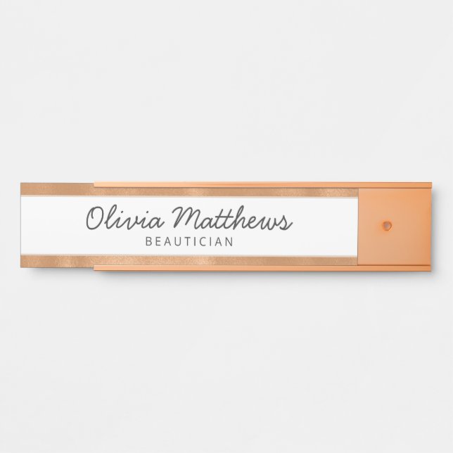 Trendy Rose Gold Foil Stripes Modern Name Door Sign (Front)