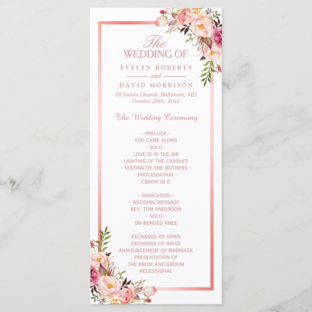 Trendy Rose Gold Frame Floral Wedding Program Programme (Front)