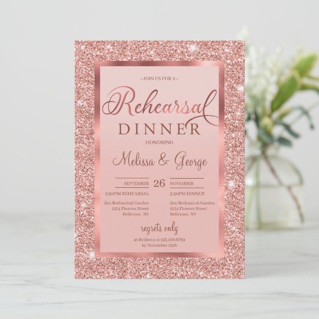 Trendy rose gold glitter and foil modern rehearsal invitation (Standing Front)