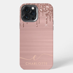 Trendy Rose Gold Glitter Drip Custom Name iPhone 13 Pro Max Case