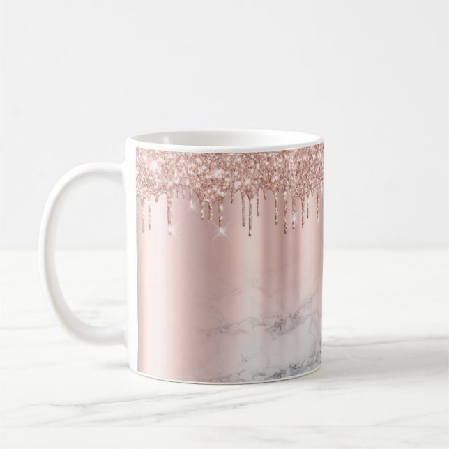 Trendy Rose Gold Glitter Drips Chic Marble Custom Coffee Mug (Left)