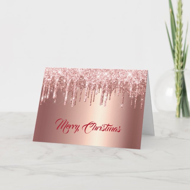 Trendy Rose Gold Glitter Drips Graphic Christmas Holiday Card (Front)