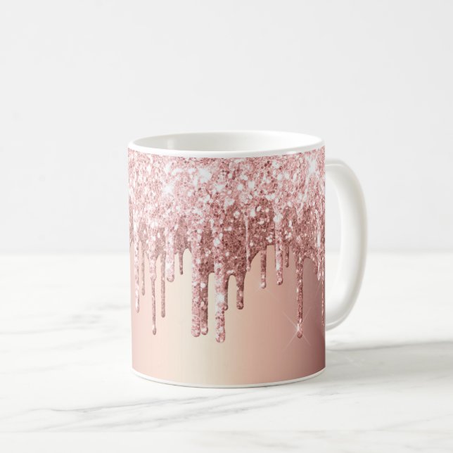 Trendy Rose Gold Glitter Drips Graphic Coffee Mug (Front Right)